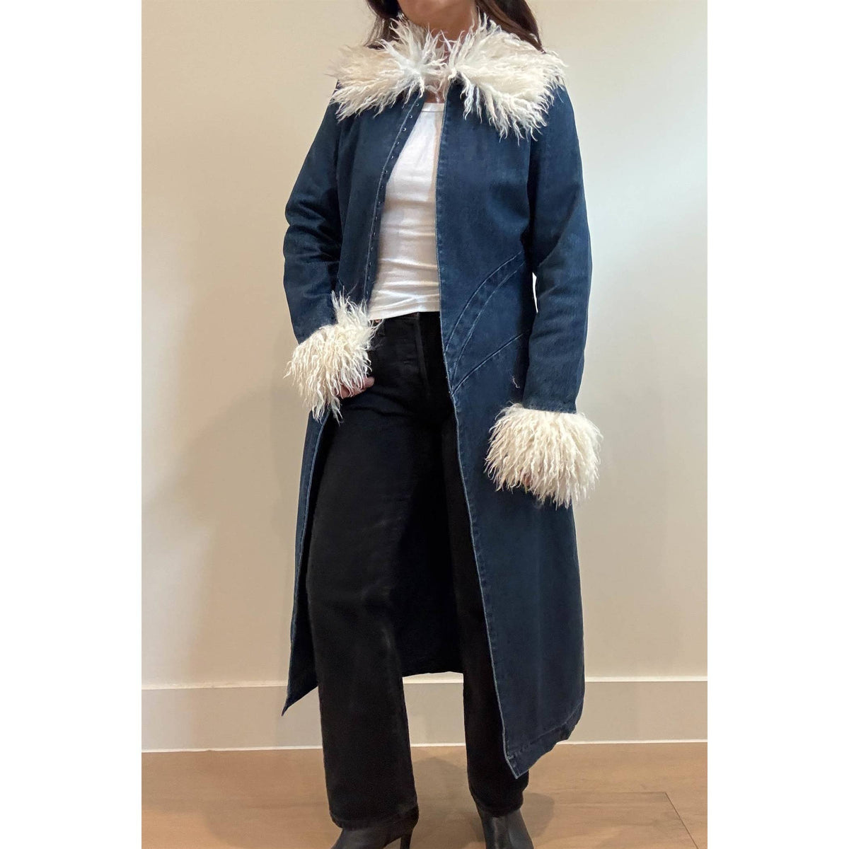 Denim Faux Fur Collar & Cuff Maxi Coat