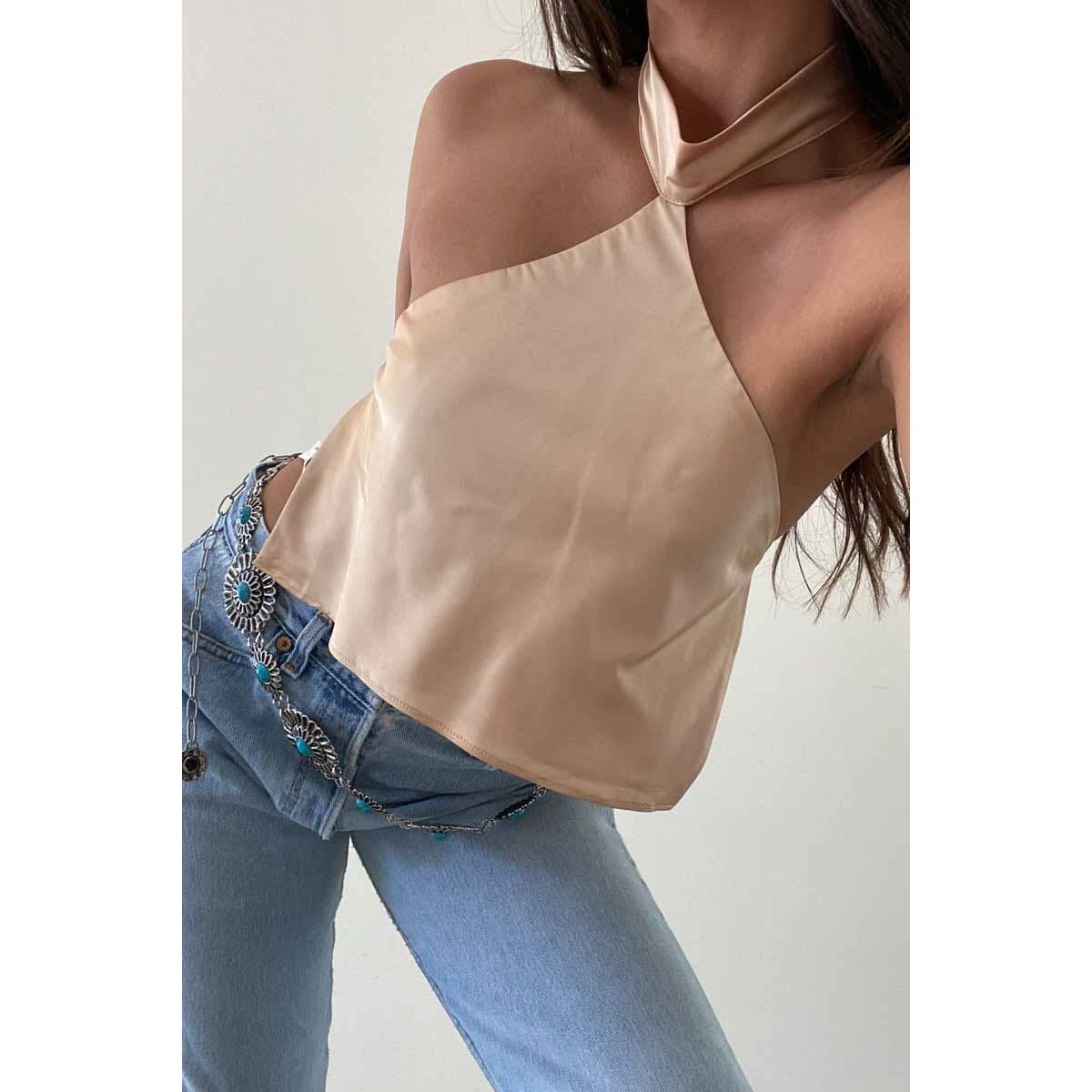 SATIN HALTER OPEN BACK TOP