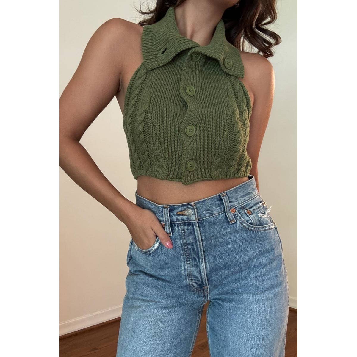 Cable Knitted High Neck Crop Top