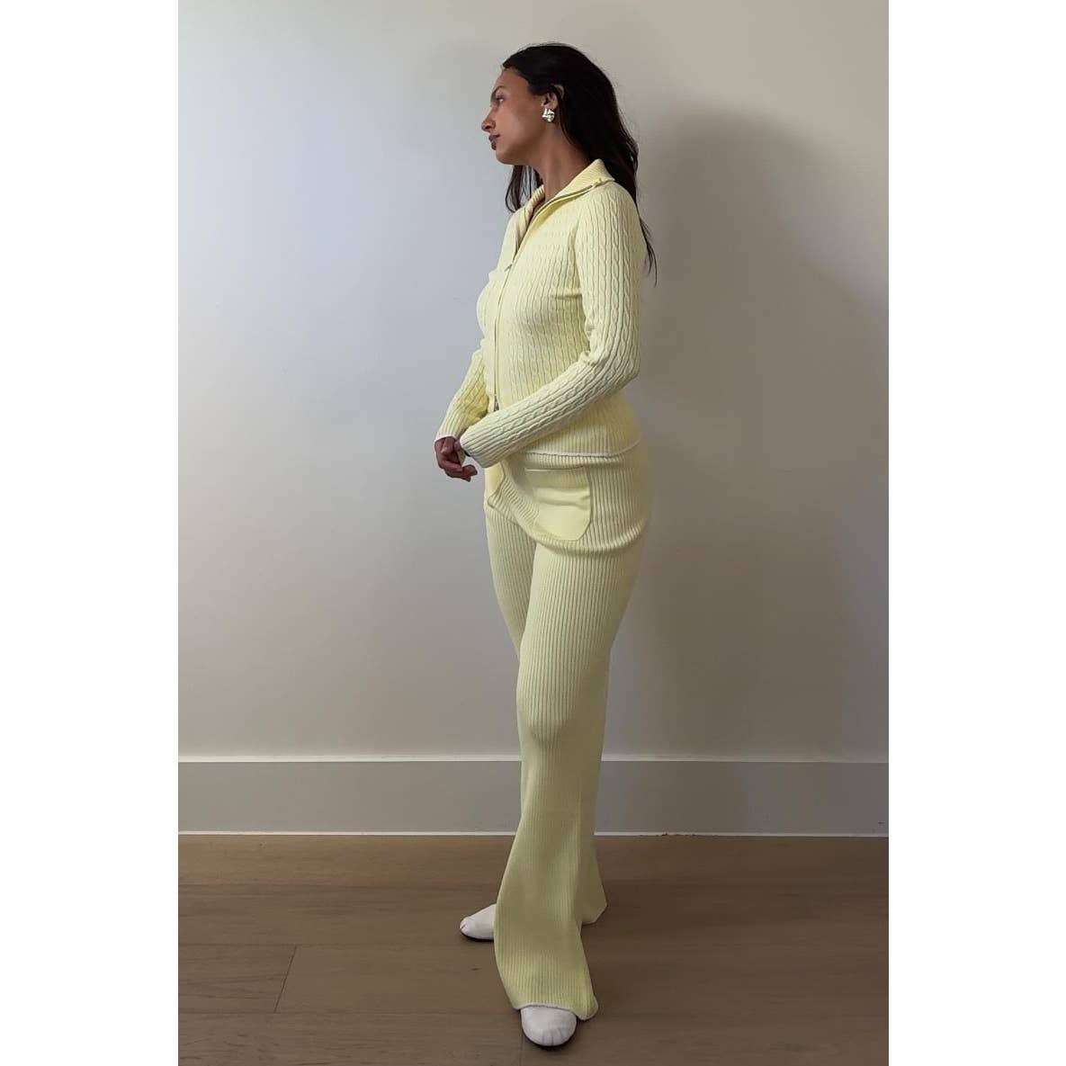 2 Piece Knit Zip-up Top & Flared Leg Pants Sets