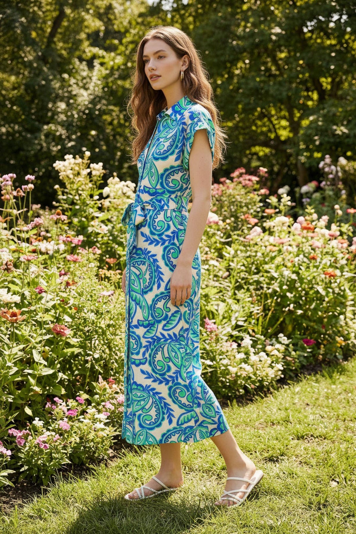 Short Sleeve Paisley Print Button Down Midi Dress