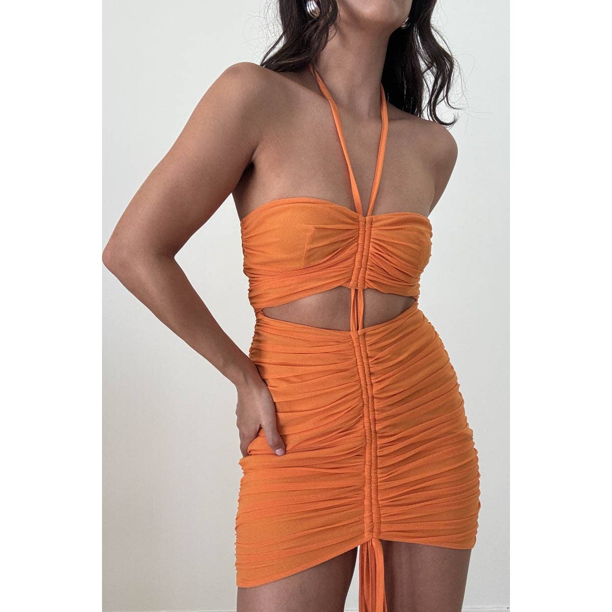 Mesh Ruched Halterneck Mini Dress