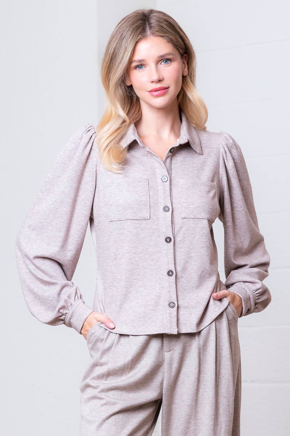 Embroidered V-Neckline Long Cuff Sleeves Shirt