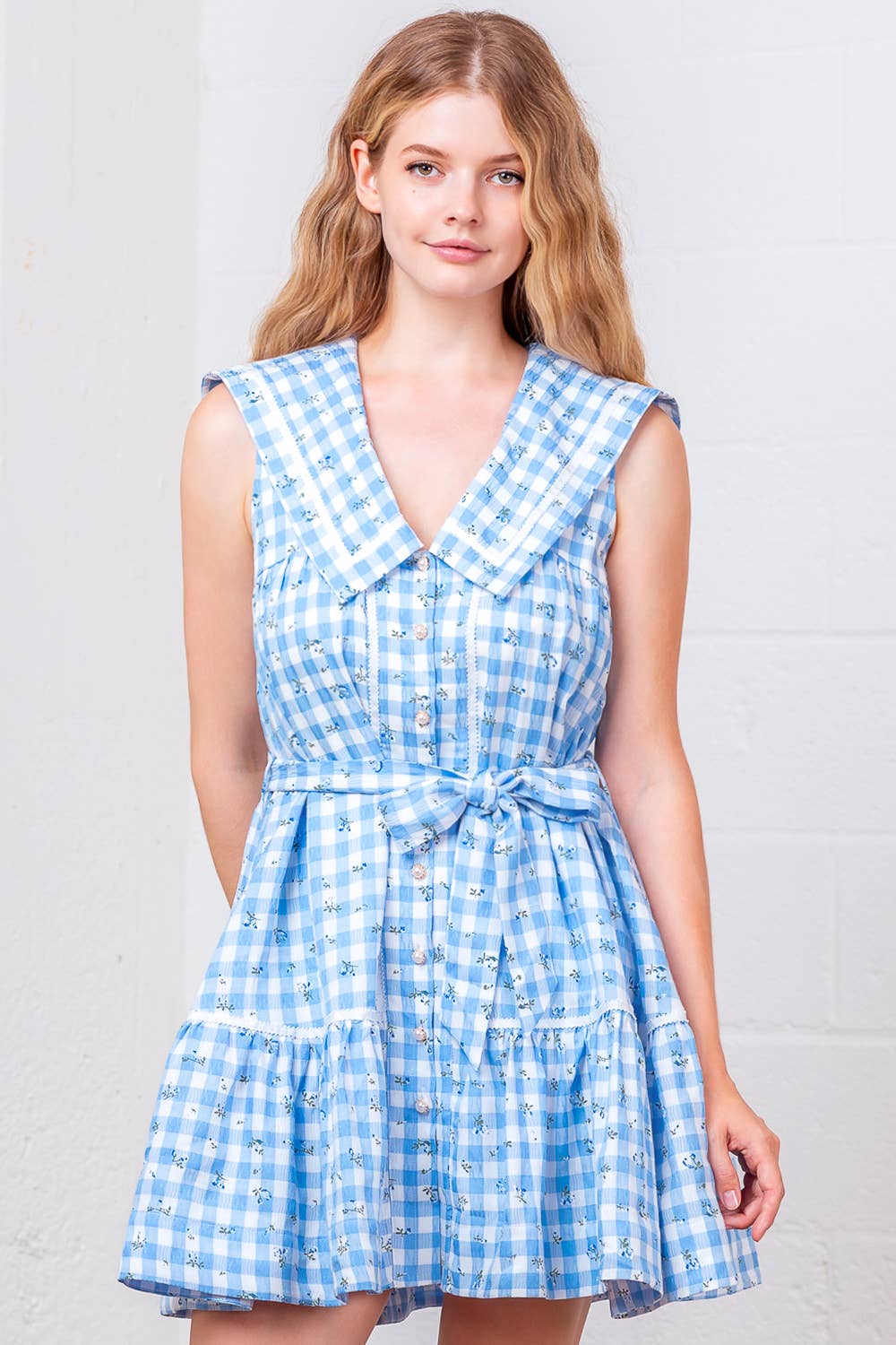 Blue Plaid Sleeveless Button Up Mini Dress