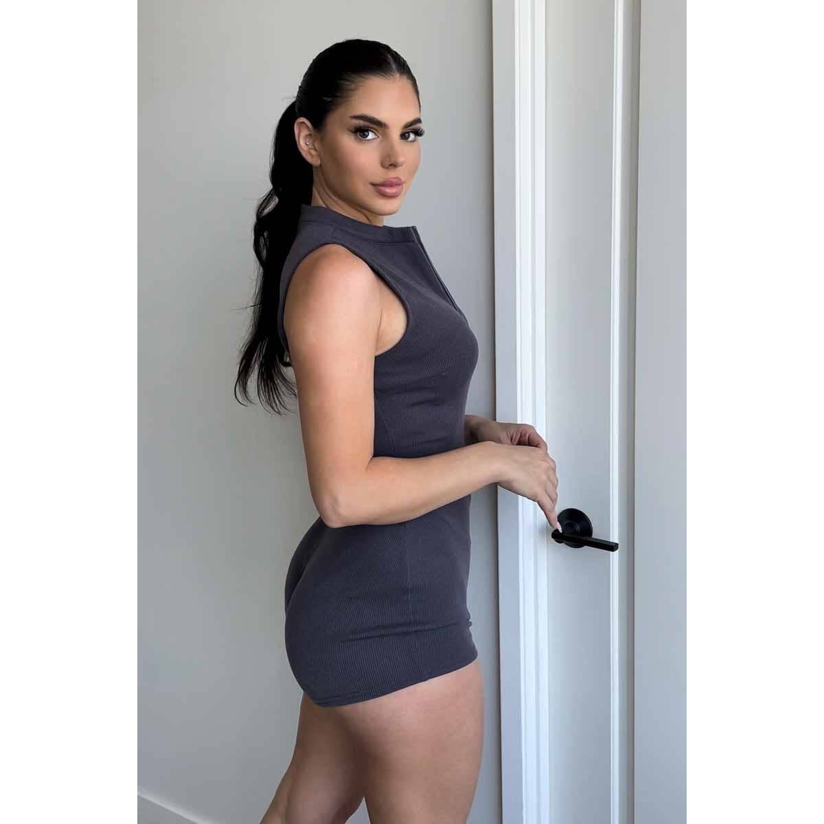 Rib Highneck Half Zip Romper