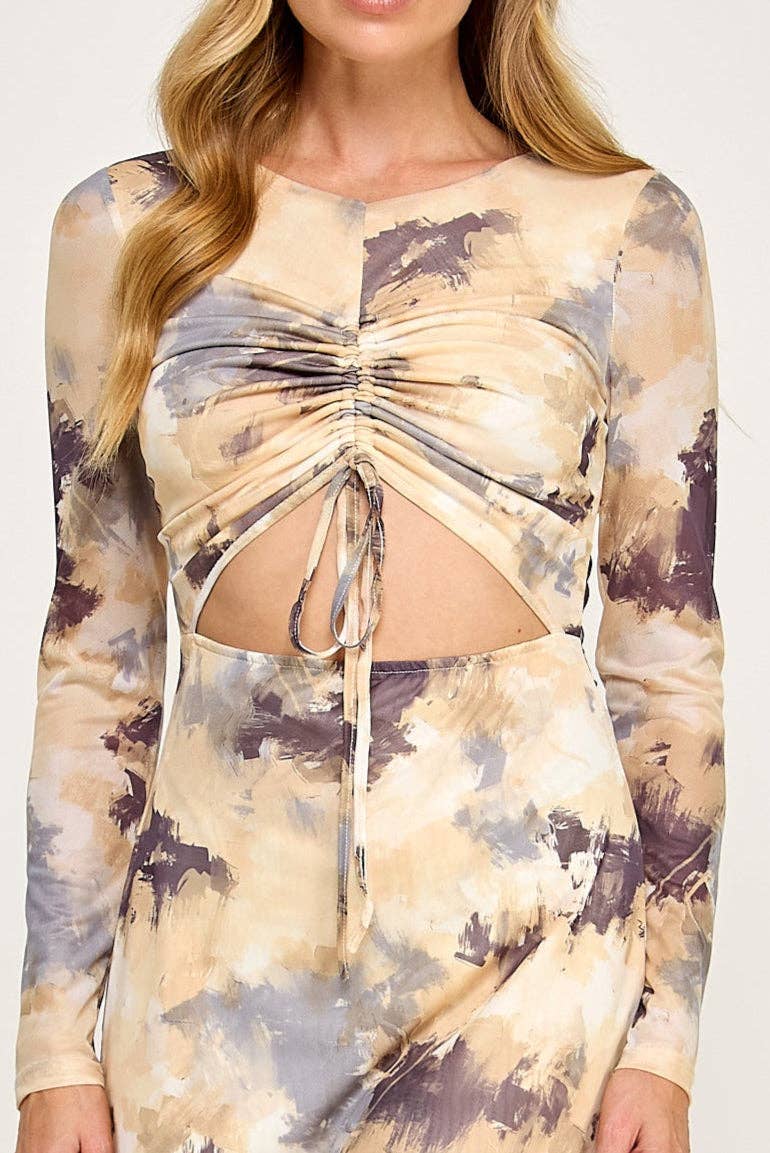 Marble Print Cutout Midi Dress - Tie Front Ruched