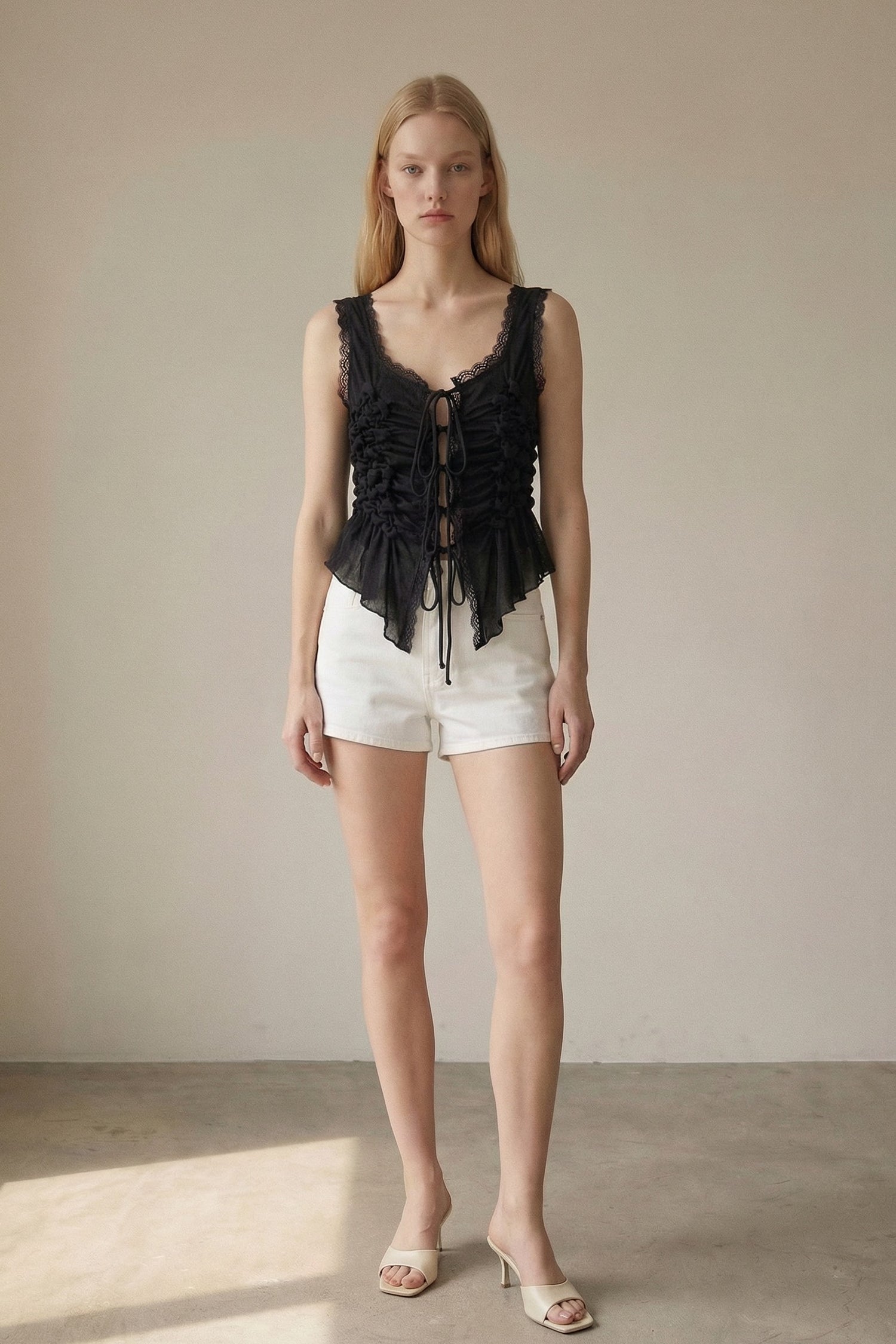 Sleeveless Front Tie Ruched Top