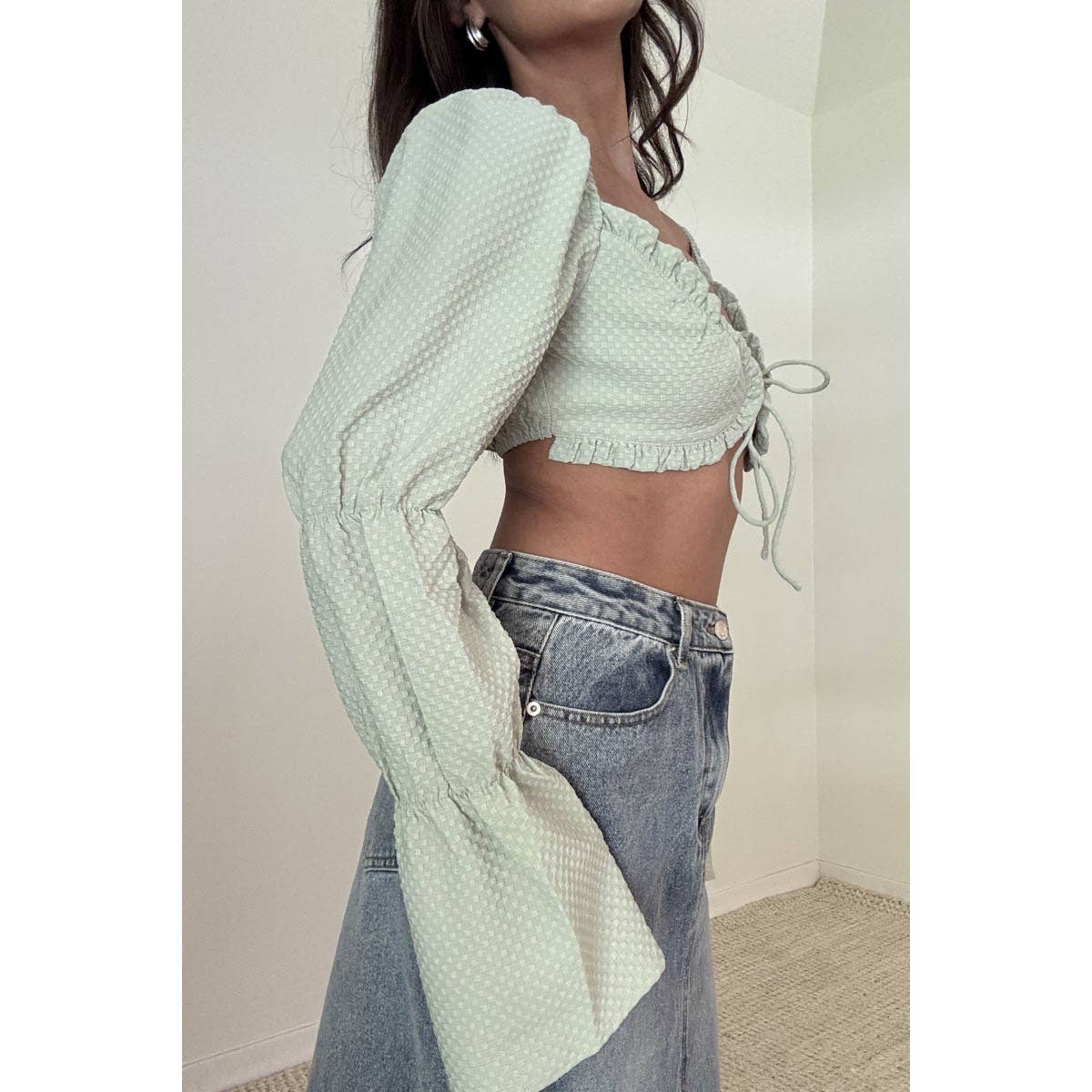 Gingham Long Sleeve Crop Top