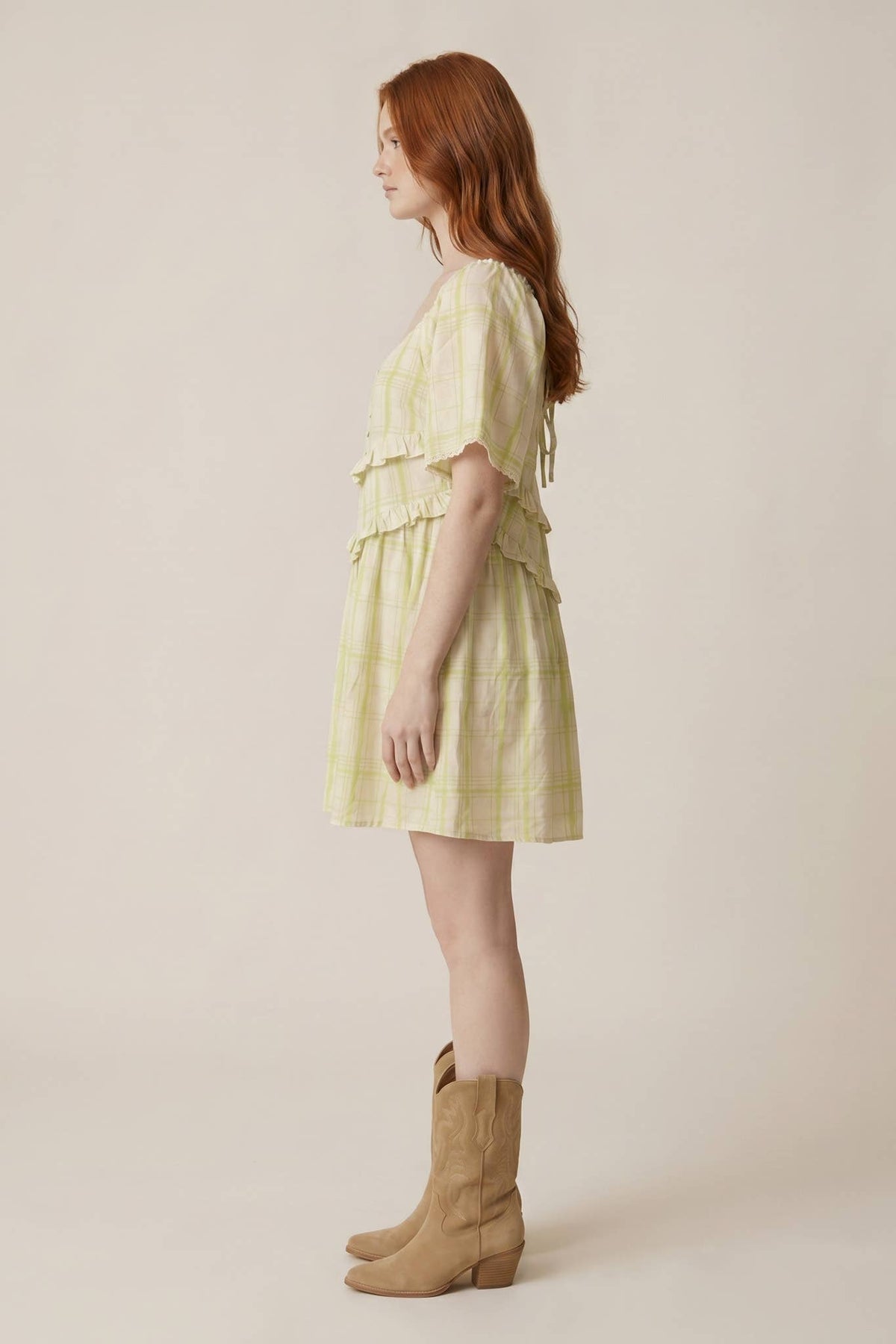 Short Sleeve Square Neck Back Opened Mini Plaid Dress