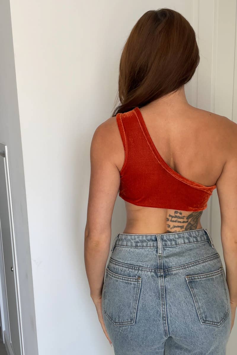 Velvet asymmetrical one shoulder cutout crop top