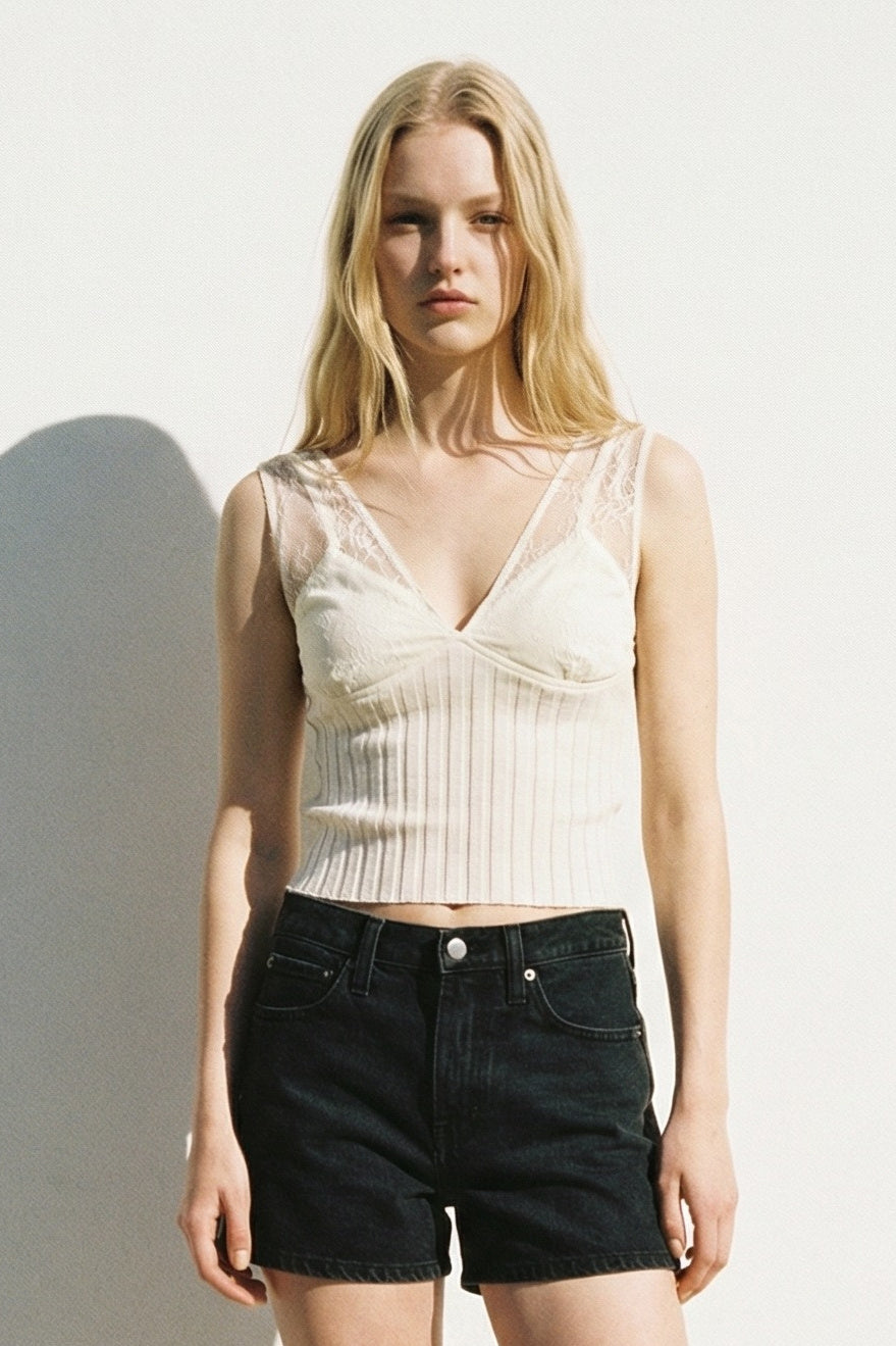 Sheer Ribbed Bodice Top With Lace