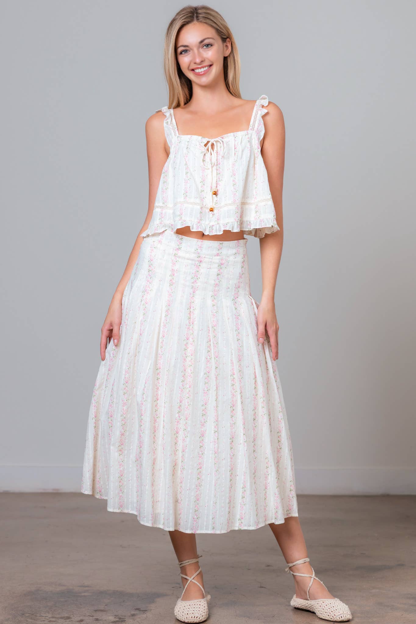 Ditsy Print Top and Skirt Set with Ruffle Lace Detail