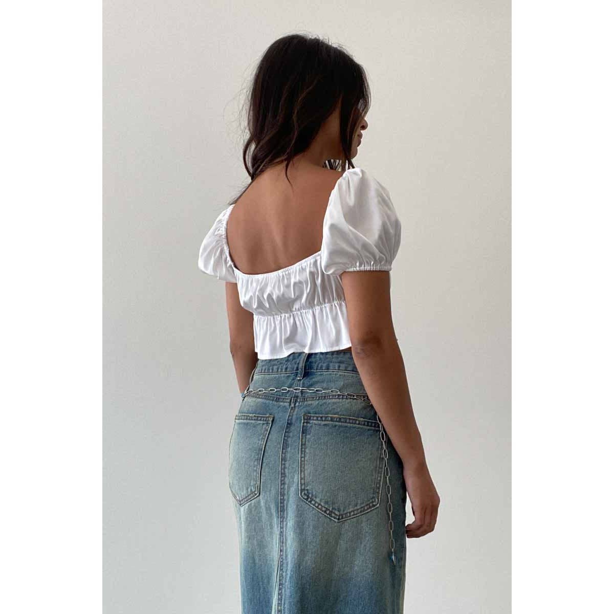 Satin Puffed Sleeves Lace Up Bustier Top