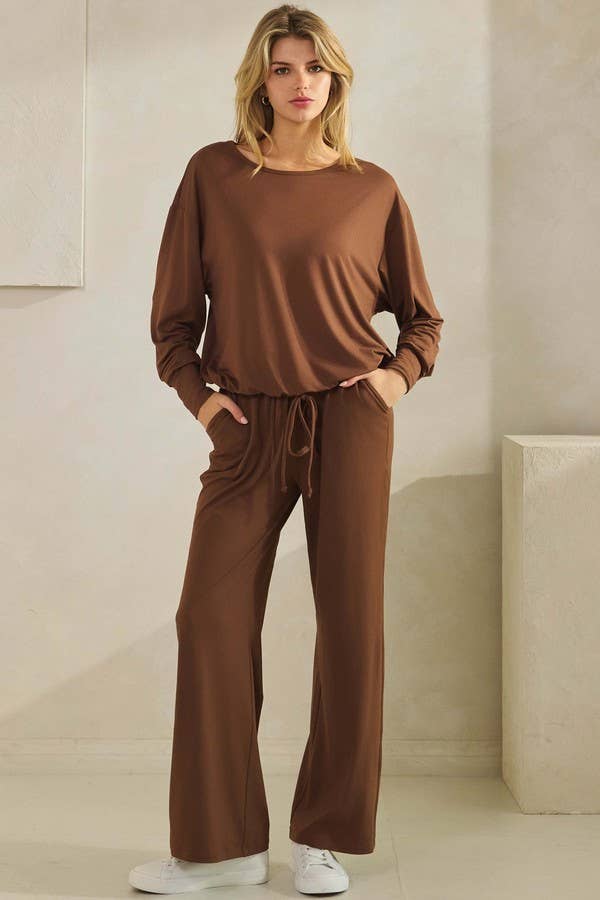 Peach Skin Long Sleeve Tie Hem Top & Pants Matching Set