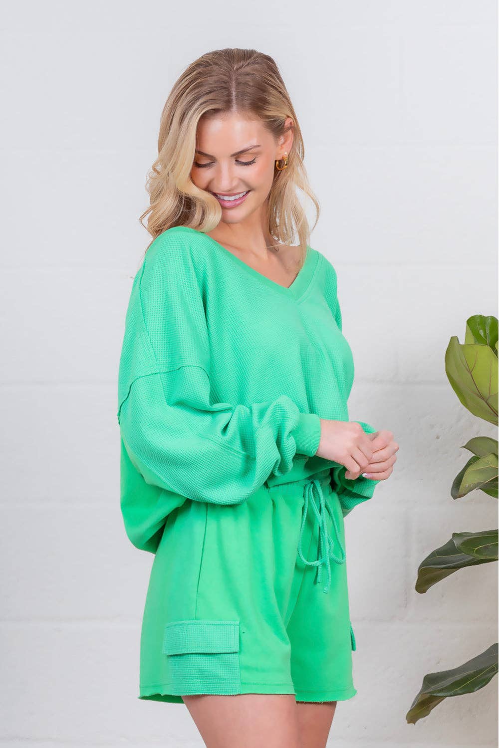 French Terry V Neck Loungewear Set with Comfortable Shorts