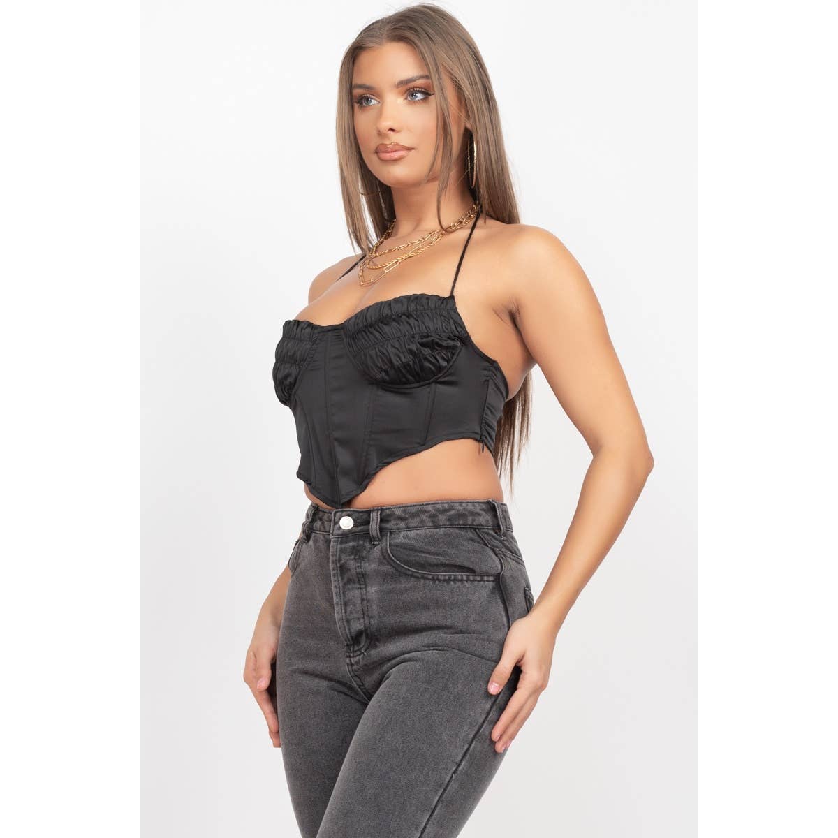Satin Shirred Contrast Cup Detail Corset