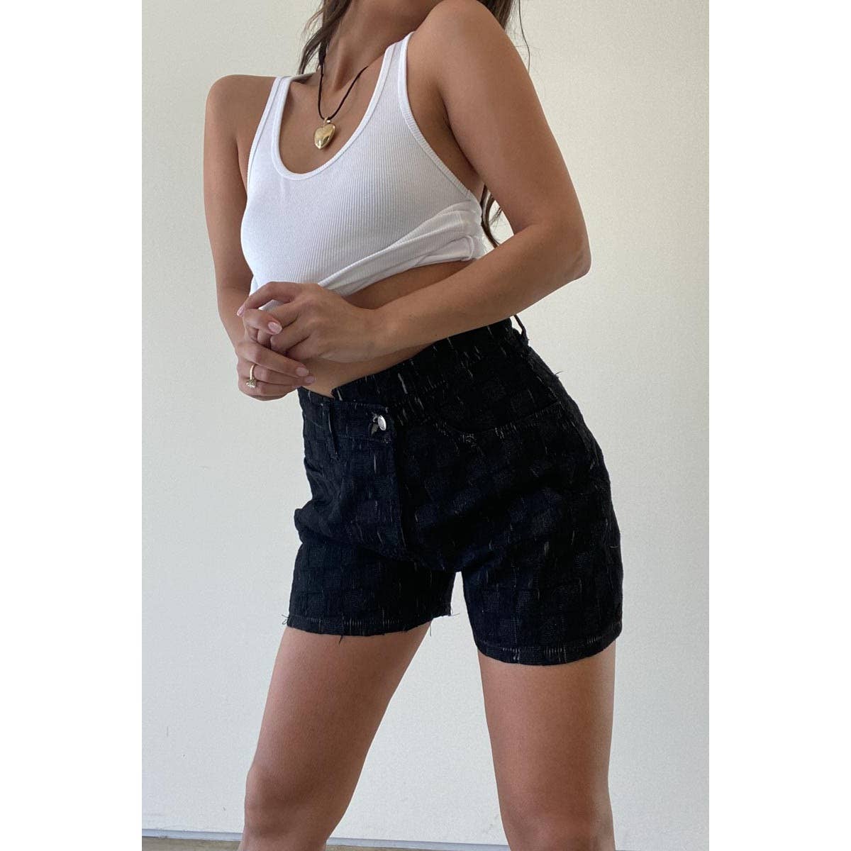 Asymmetrical Distressed Checker Shorts