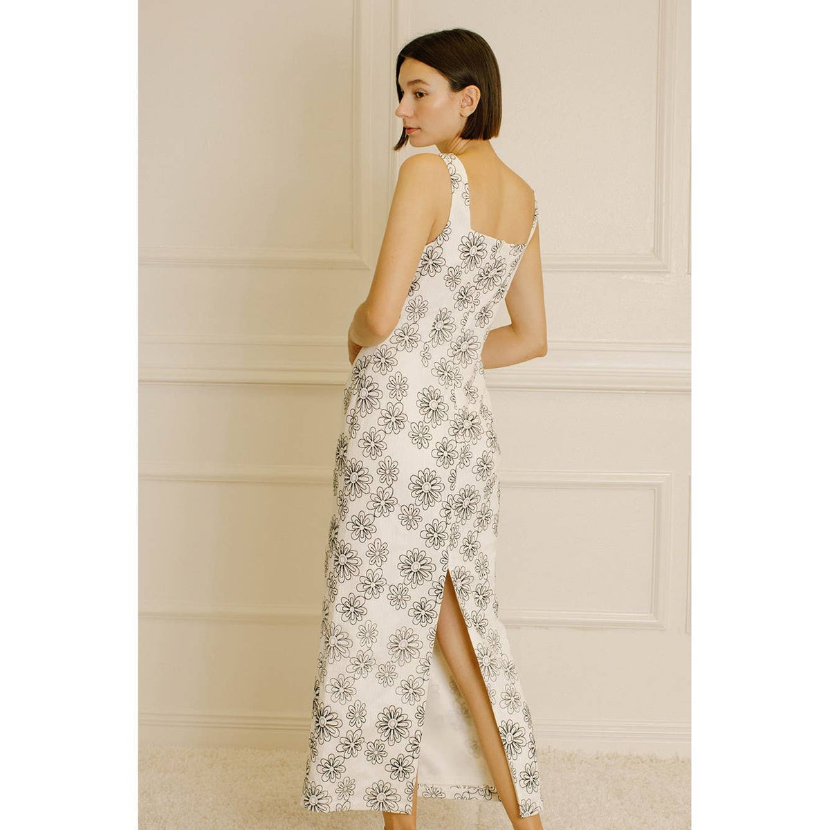 Embroidered Daisy Print Midi Dress