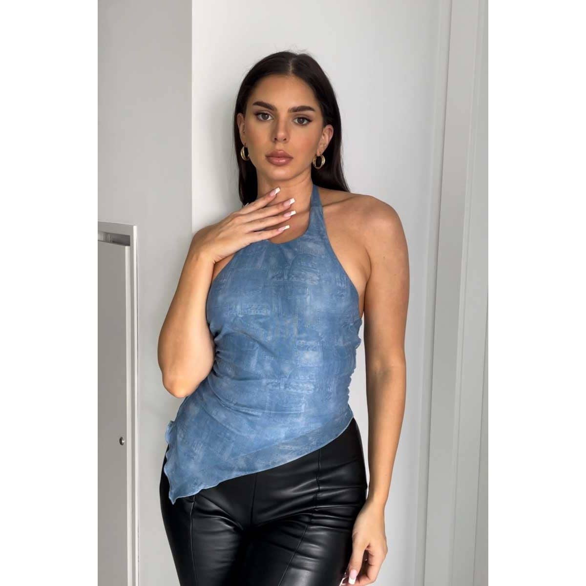 Denim Print Mesh Halter Top
