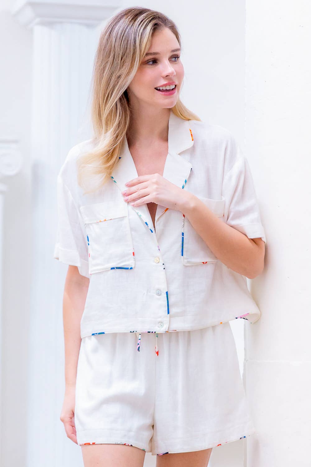Short Sleeve Button Down Short Set for Women
