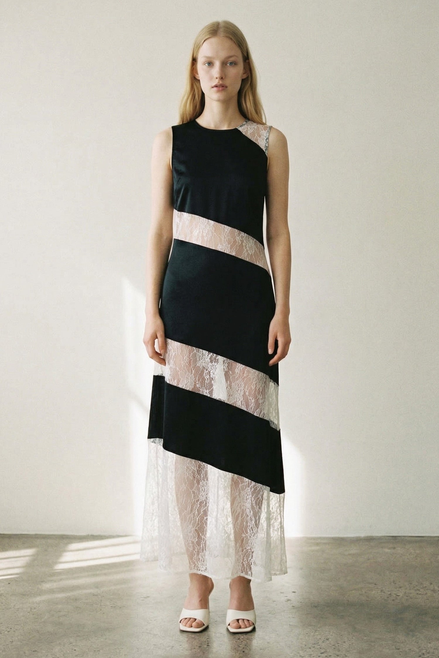 Satin Sleeveless Maxi Dress with Floral Lace Overlay