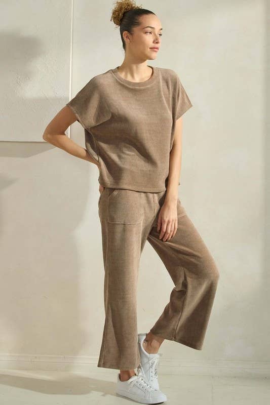 Womens Corduroy Short Sleeve Top Cropped Pant Matching Set