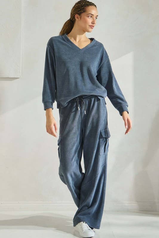 Women's Corduroy V Neck Top and Cargo Pant Matching Set