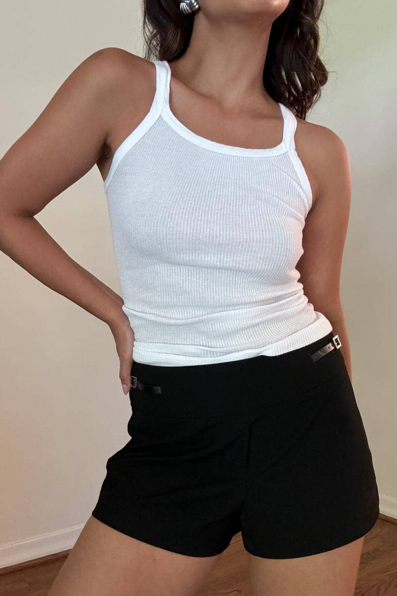 Sleek black buckle strap shorts