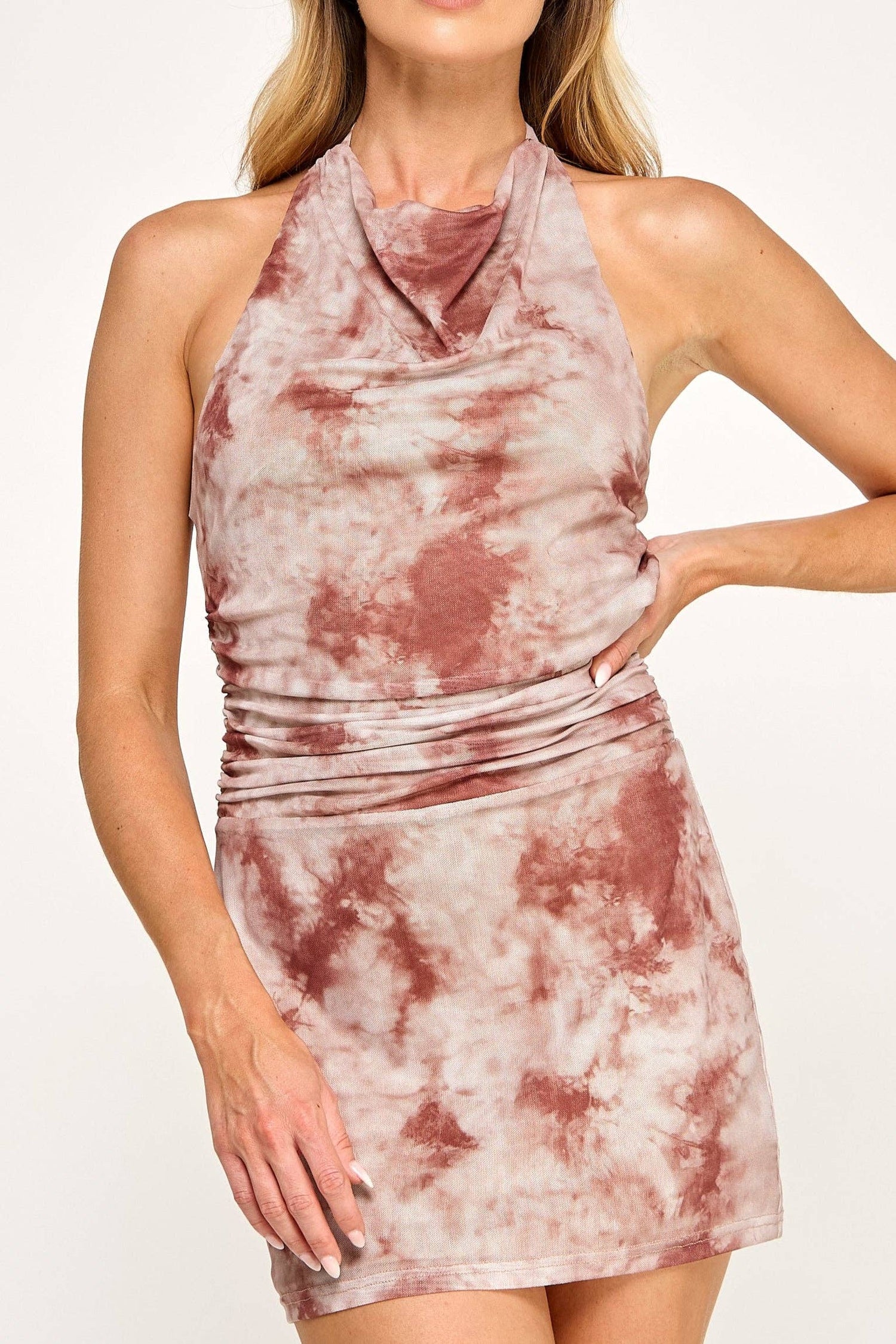 Seri Mini Dress - Abstract Print Cowl Neck Halter Open Back