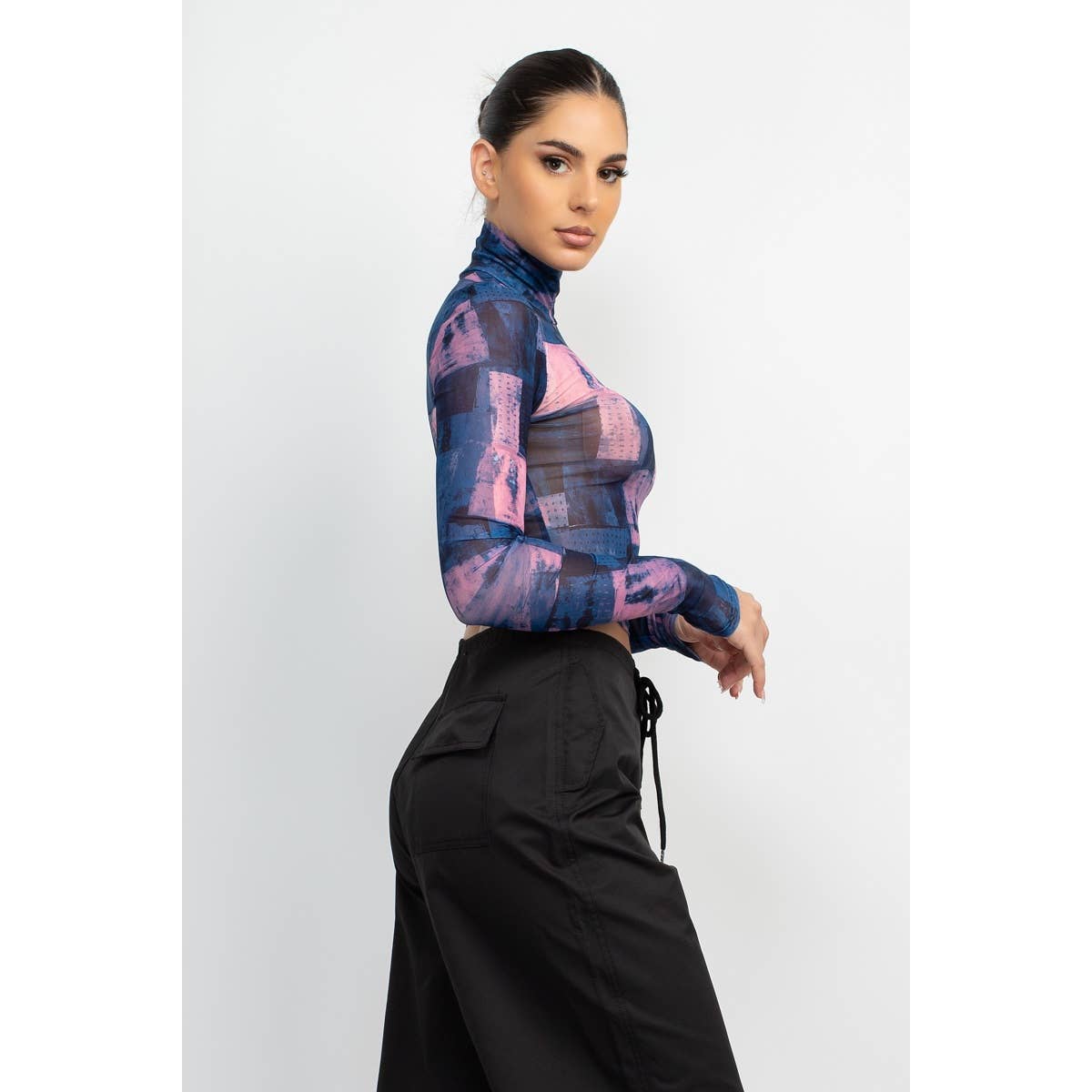 MESH HIGH NECK LONG SLEEVE TOP