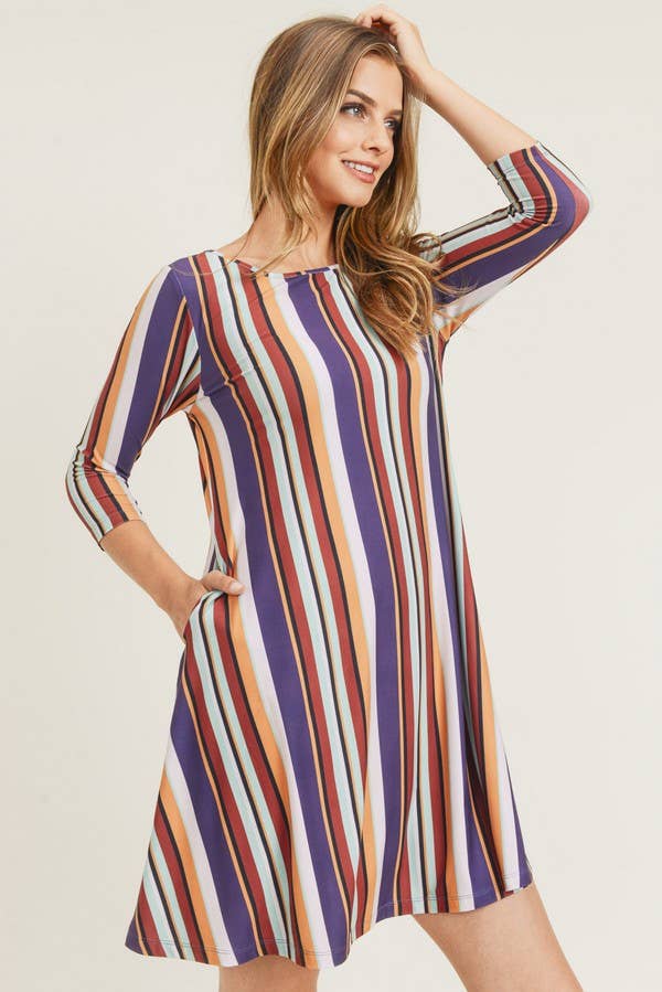 Multi-Striped Swing Dress with Pockets 1064