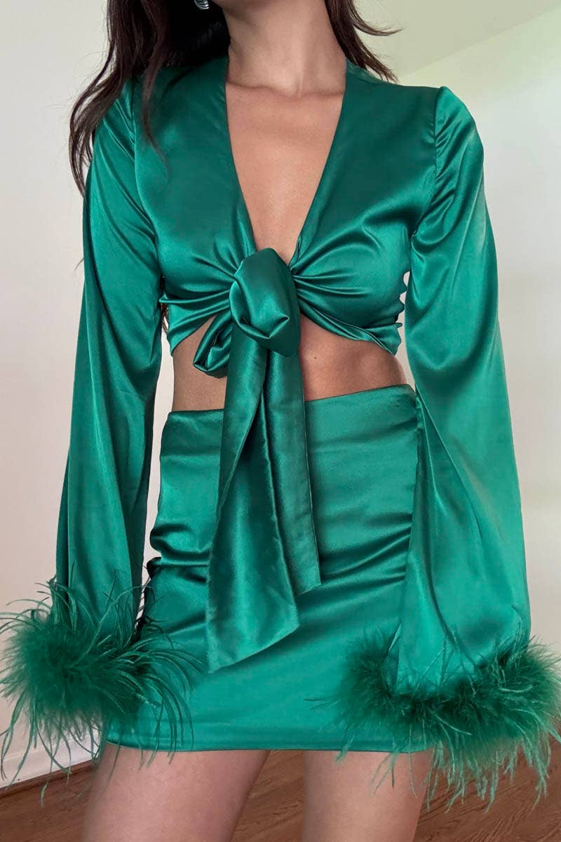 Feather Detail Crop Top & Mini Skirt