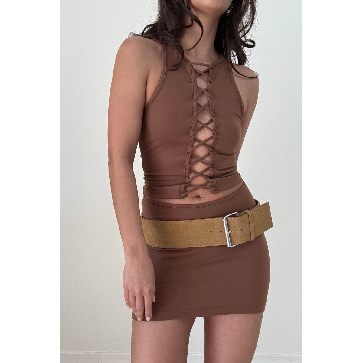 Front Lace Up Top W Skirt Set