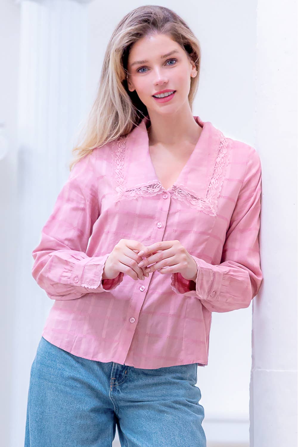 Long Blouson Sleeve V-Neck W Collar Button Down