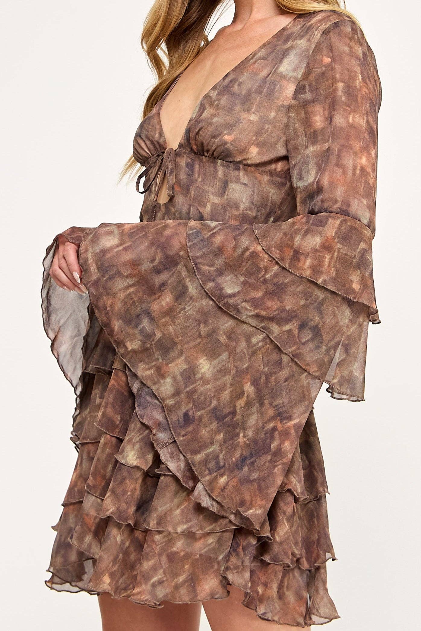 Ochre Chiffon Dress - Tiered Ruffle Floral Print Keyhole