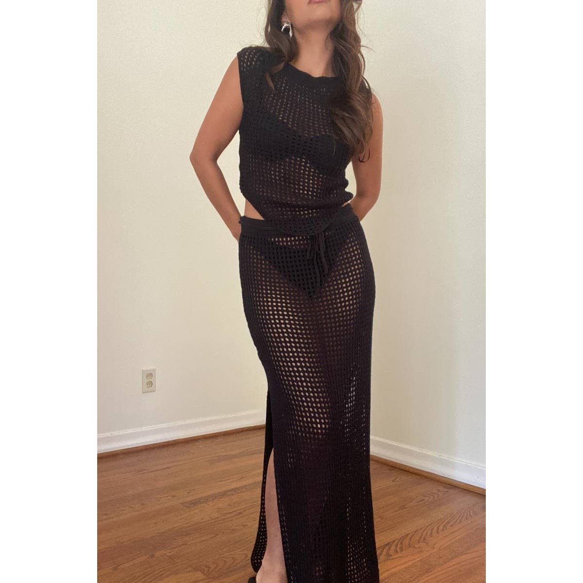 Crochet Knit Asymmetric Top With Maxi Skirt