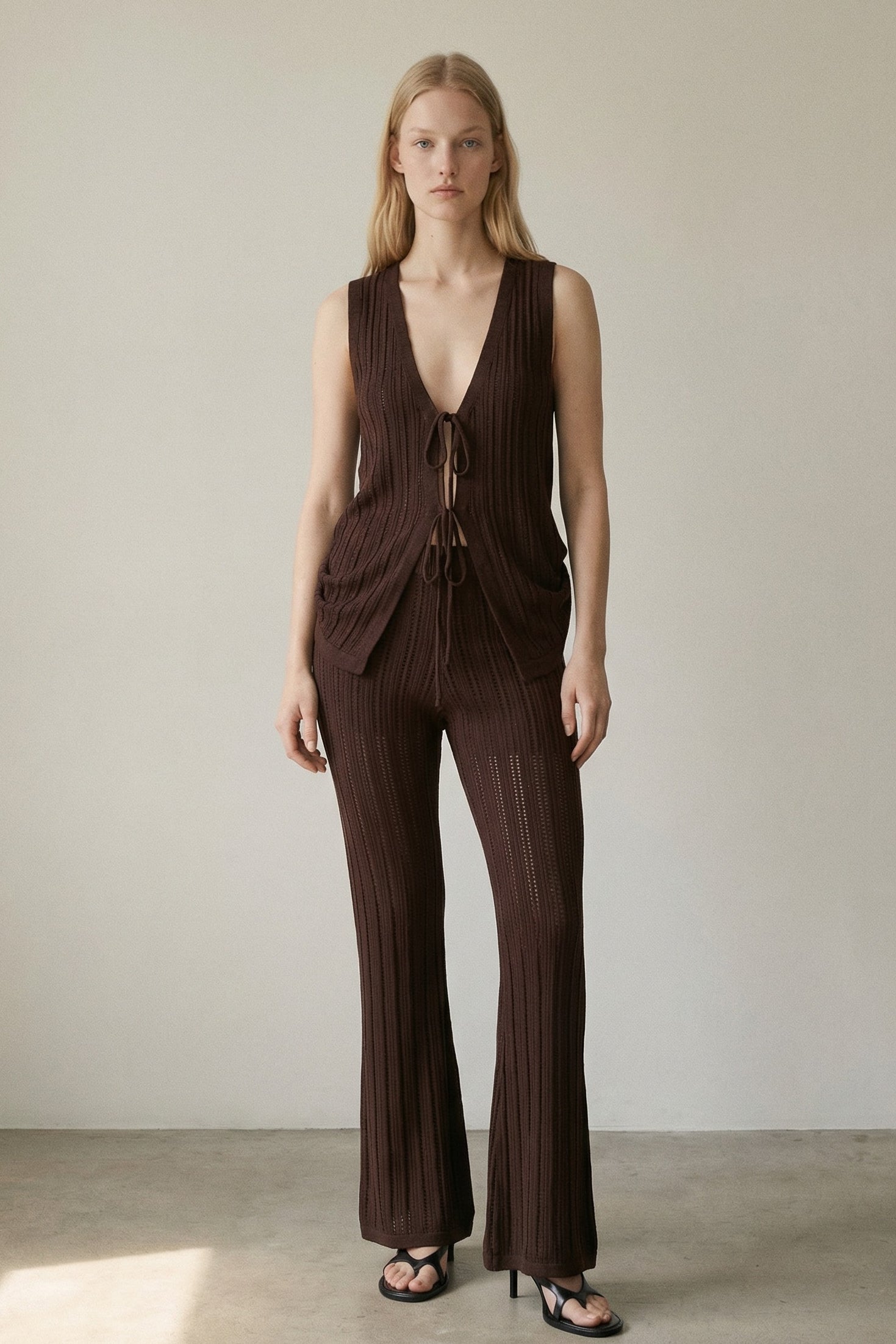 Openwork Tie Front Knitted Vest Top & Pants Set