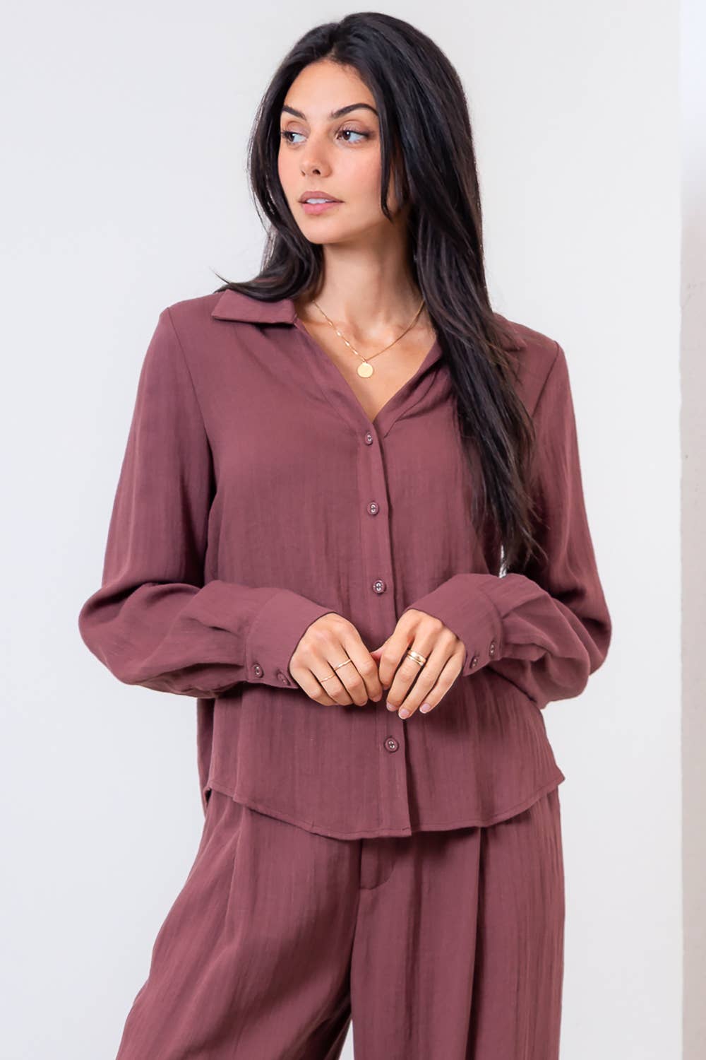 Long Sleeve W Collar Button Solid Top