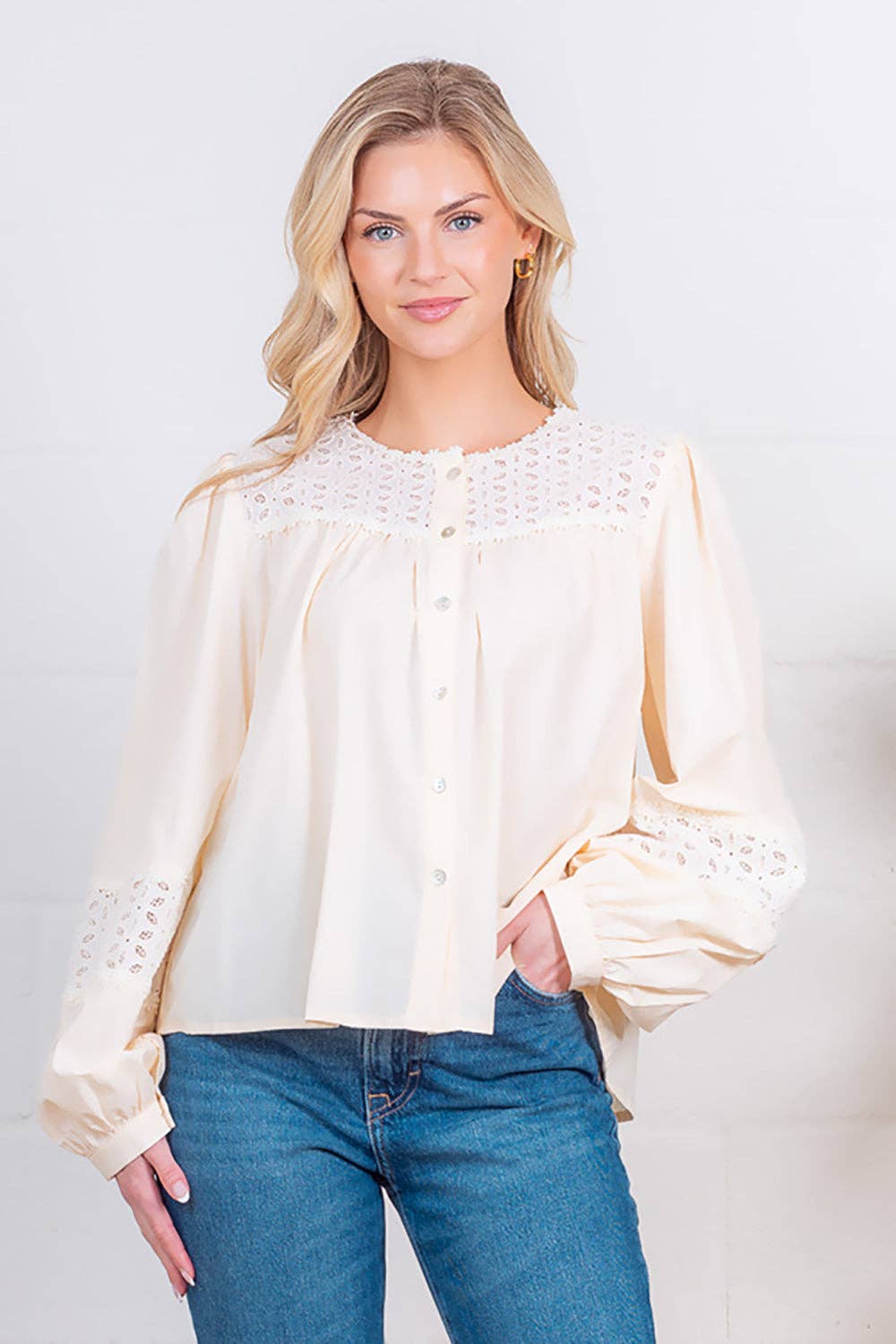 Balloon Eyelet Button-Down Blouse for Women