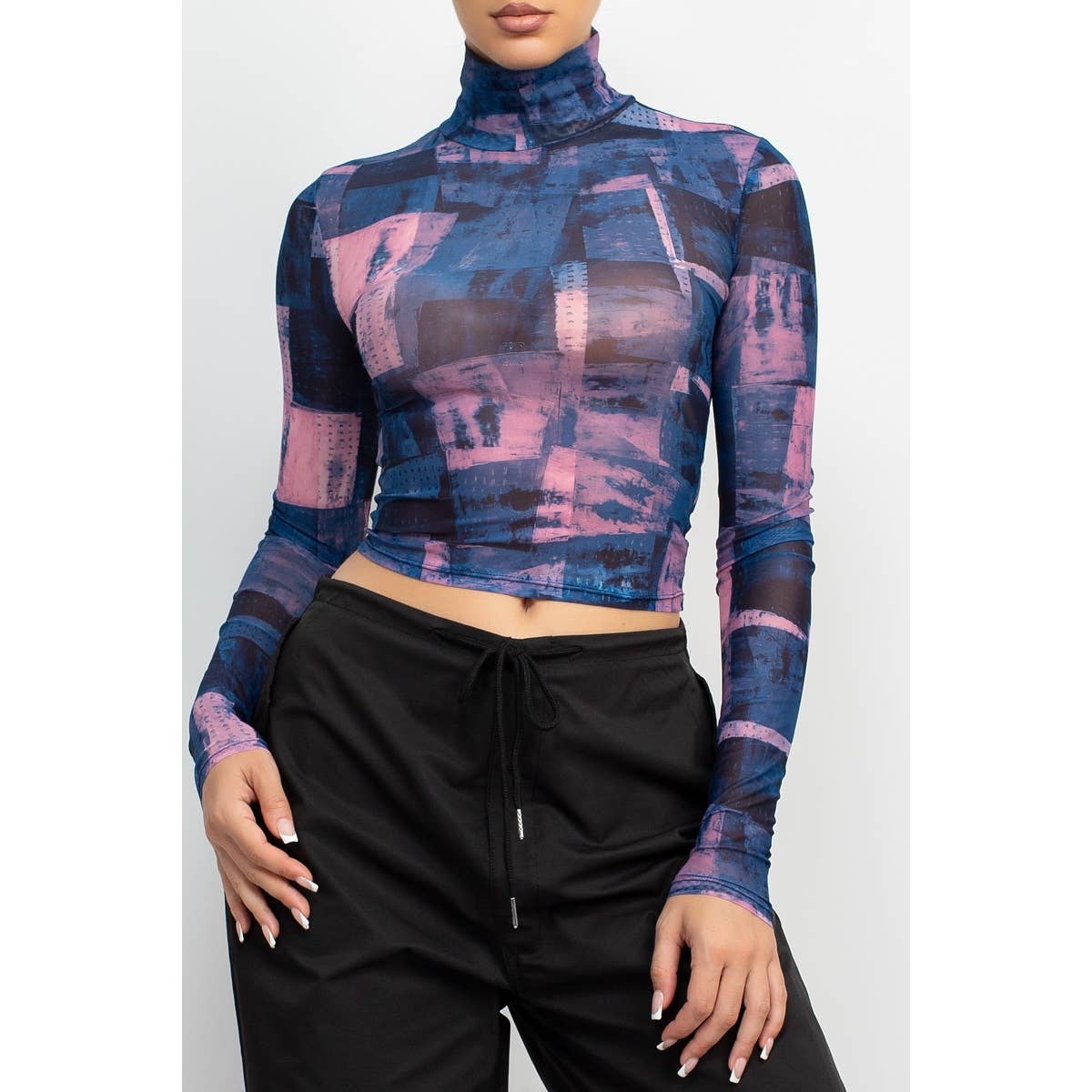 Mesh High Neck Long Sleeve Top