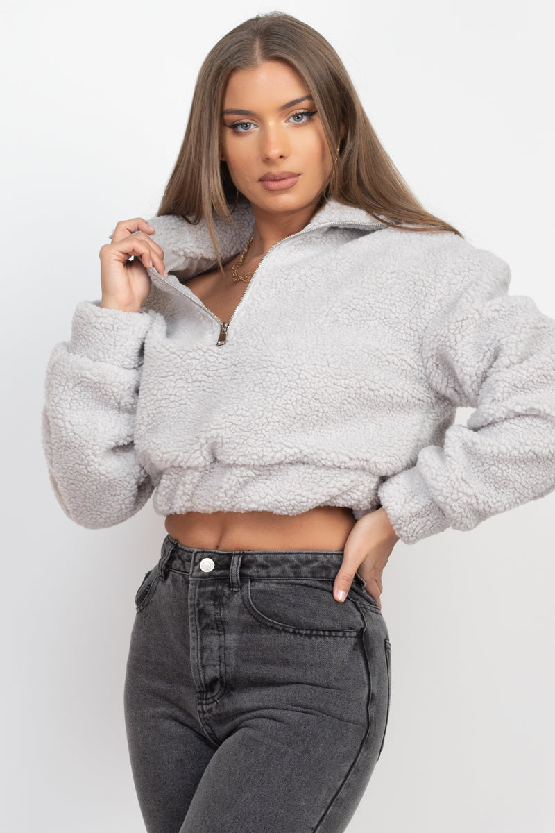 Cozy And Stylish Fuzzy Brown Pullover With A Zip Collar