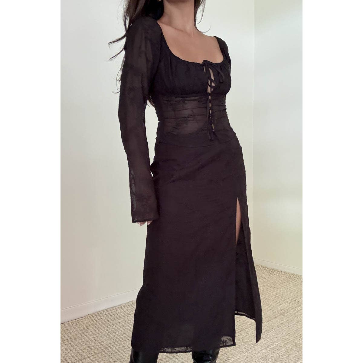 Chiffon Embroidered Top With High Split Skirt