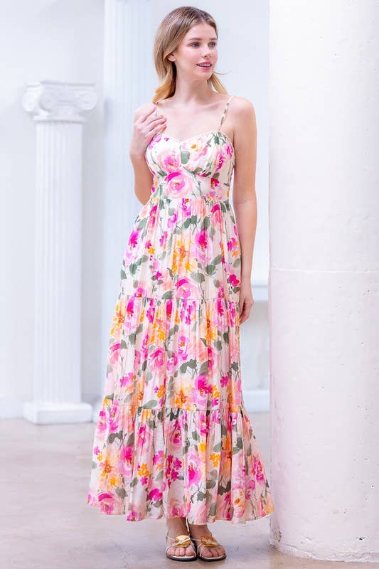 Flower Printed Tiered Dress with Heart-Shape Neckline