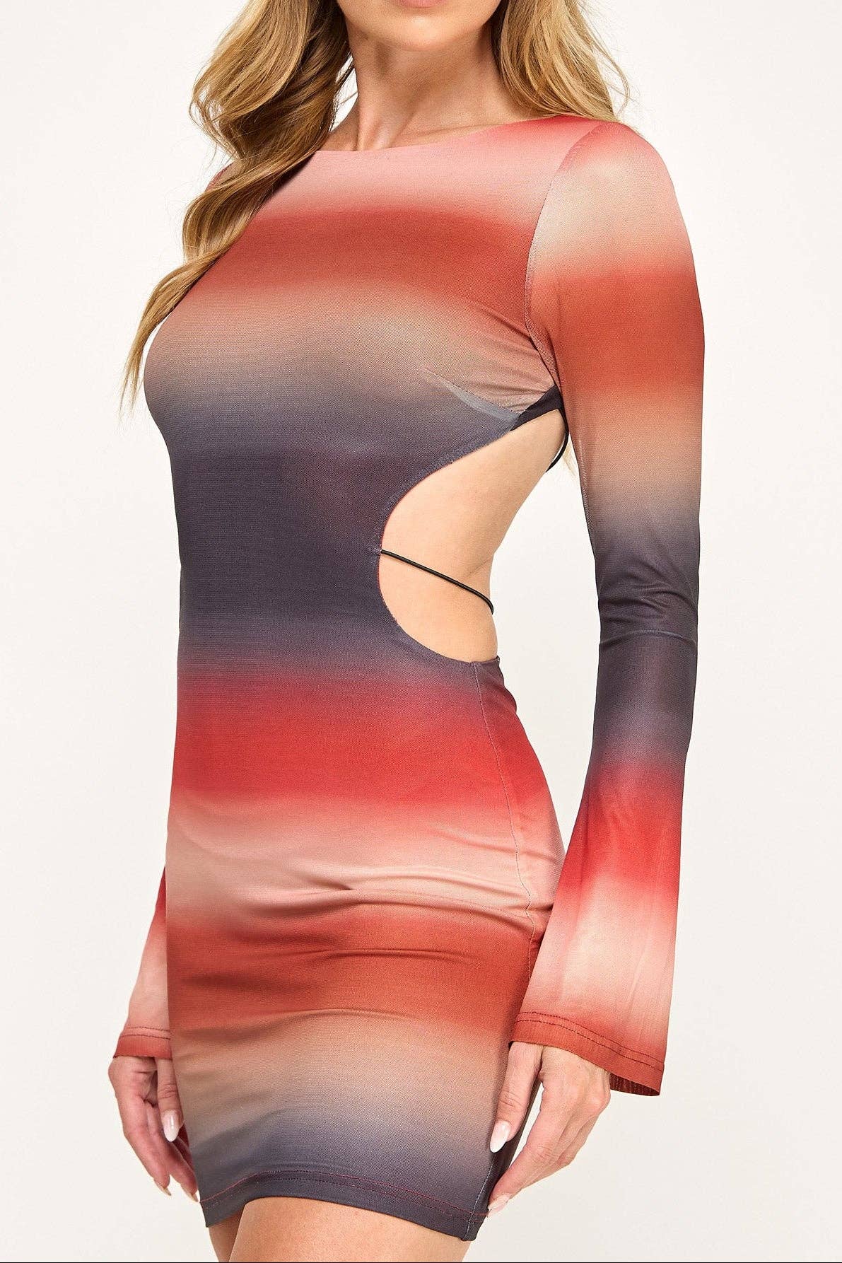 Ombre Mesh Mini Dress - Long Sleeve Open Back Cutout
