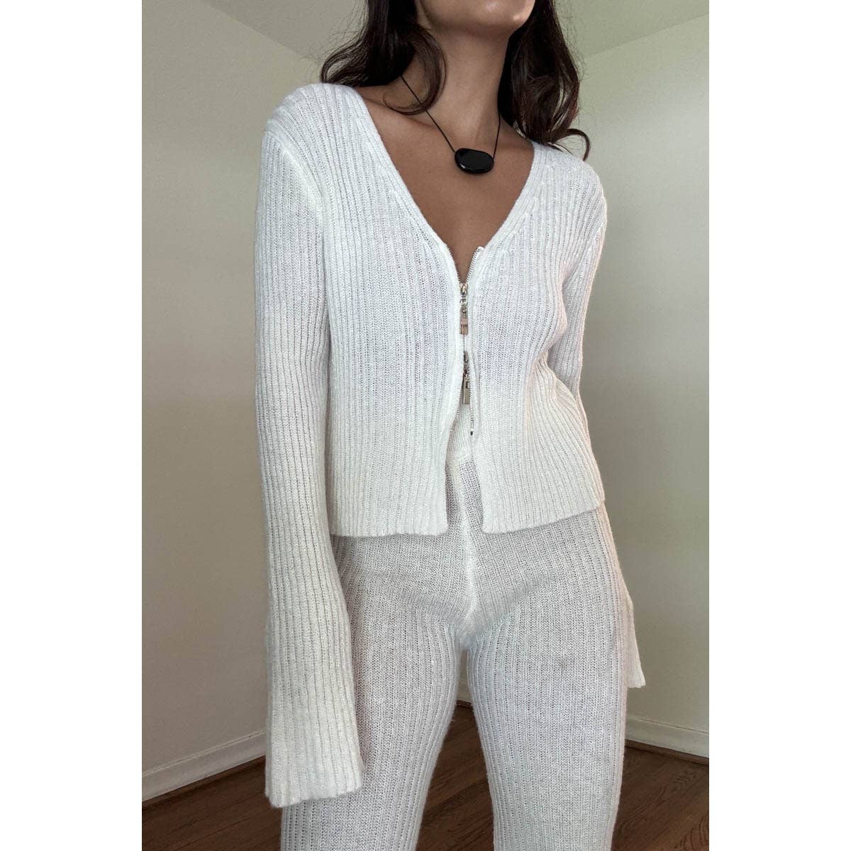 Knitted Front Zipper With Fold Over Pants Lounge Set