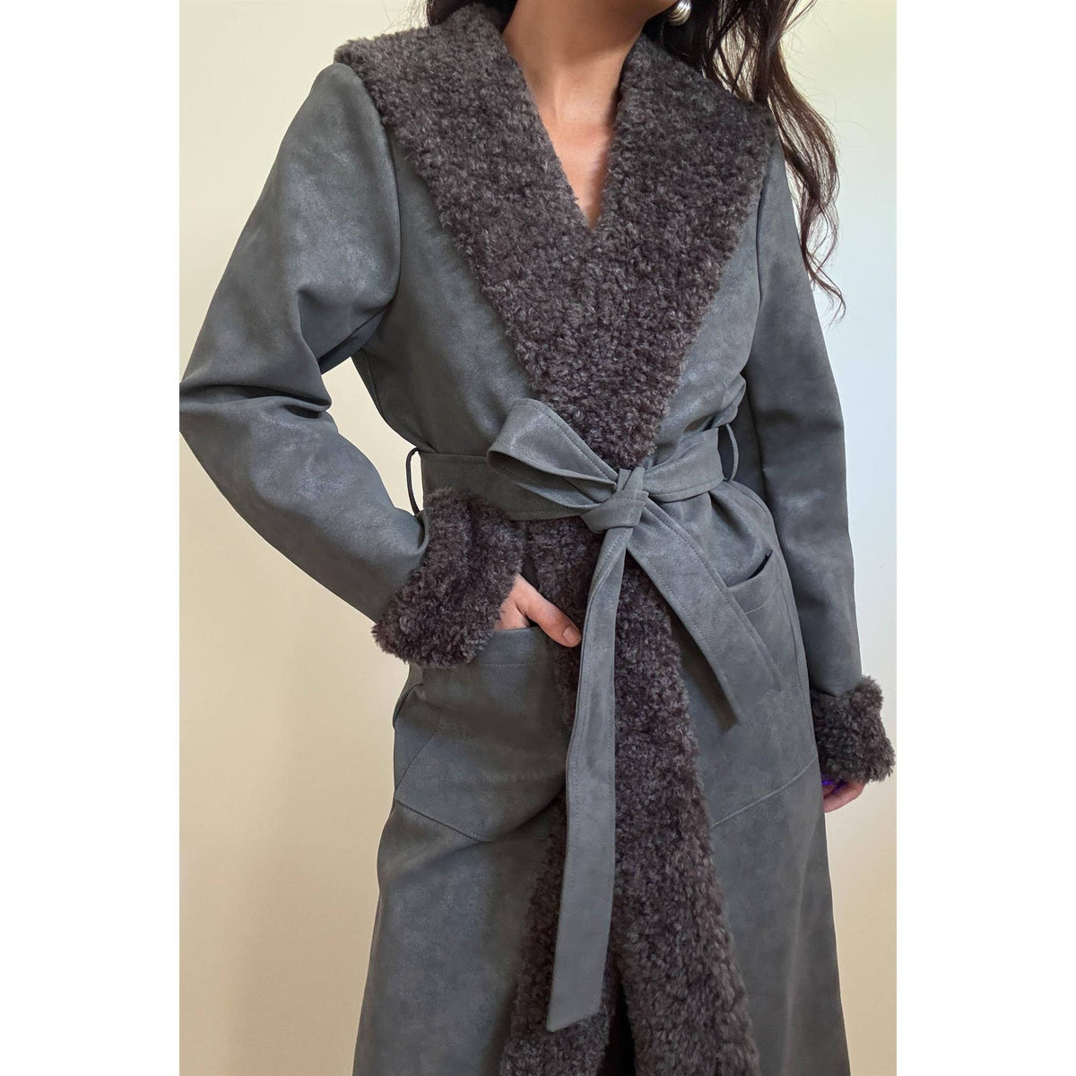 Faux Fur Trimmed Leather Coat