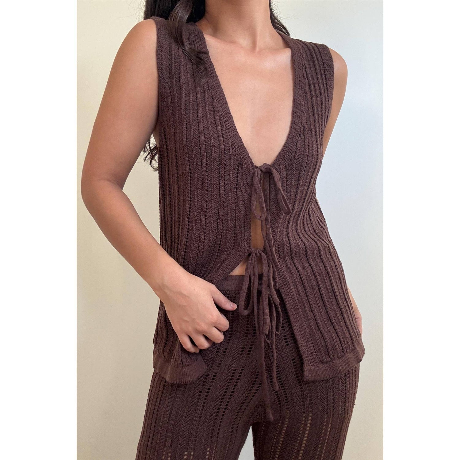 Openwork Tie Front Knitted Vest Top & Pants Set