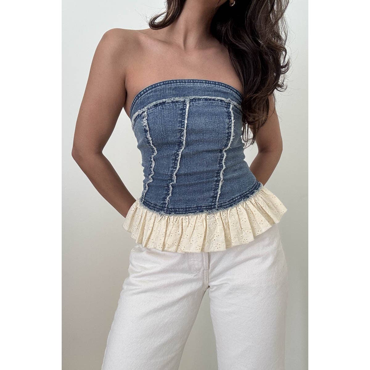 Denim Tube Top With Eyelet Frilled Hem