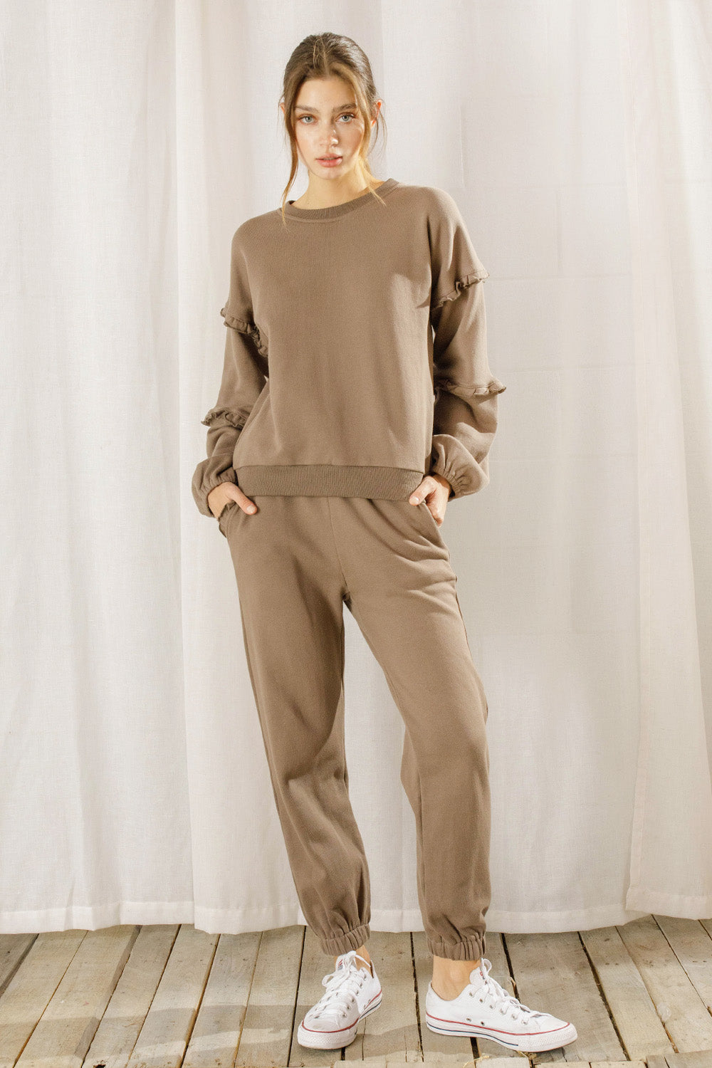 Solid Color Ruffled Sweater and Pants Set