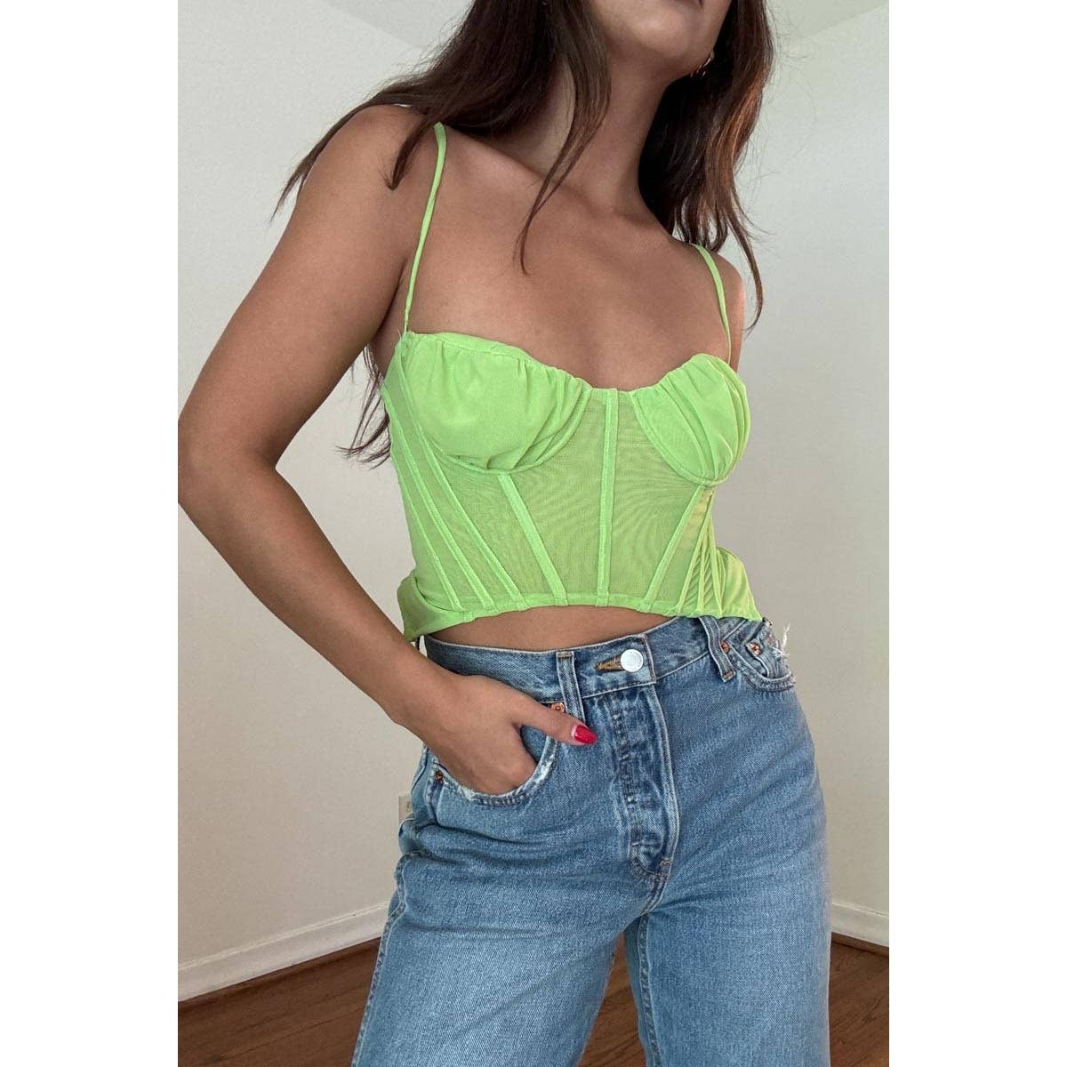 Mesh Curved Hem Bustier Top